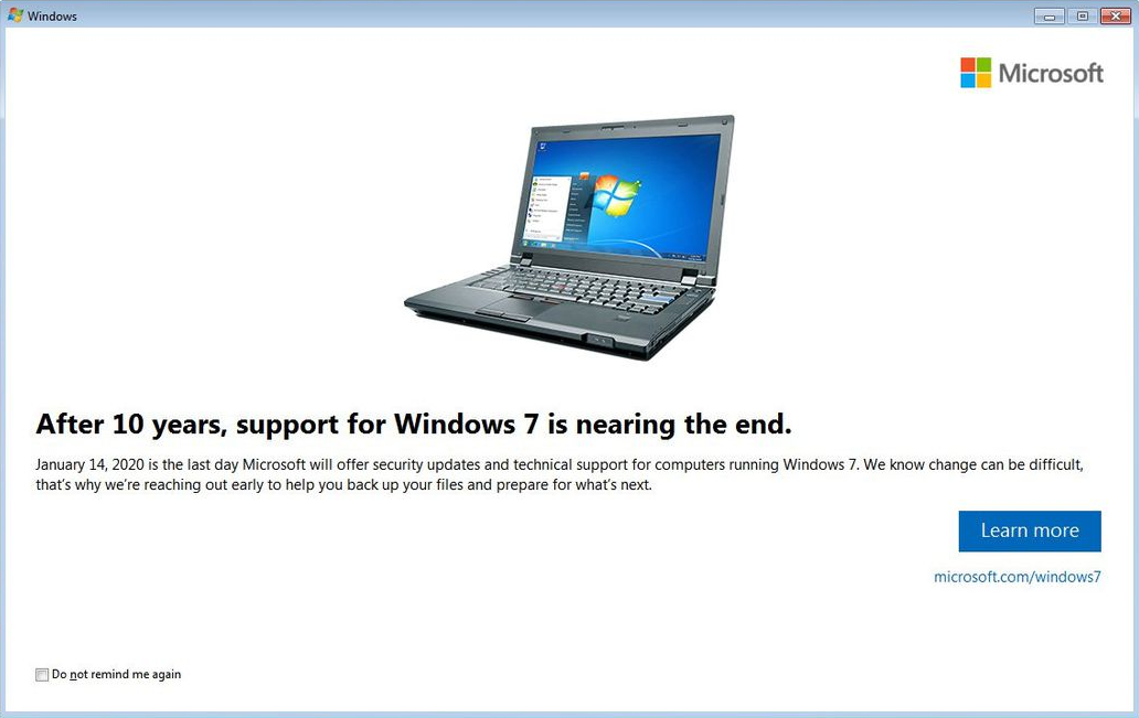 Windows 7 support is ending on January 14, 2020